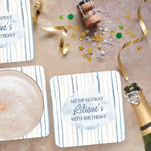 Dessous-de-verre Carré En Papier Bleu côtier et sable rayé Personnalisé