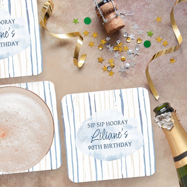 Dessous-de-verre Carré En Papier Bleu côtier et sable rayé Personnalisé (Sip Sip Hooray Coasters from my Floral Number Birthday Party Collection)