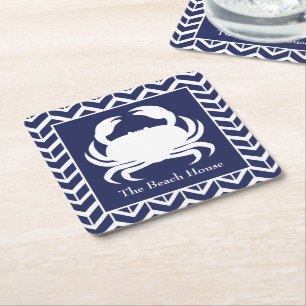 Dessous-de-verre Carré En Papier Bleu de marine et crabe blanc Personnalisez la pis
