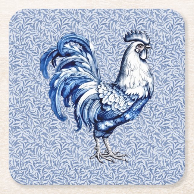 Dessous-de-verre Carré En Papier Bleu Delft Et Poulet Blanc Rooster (Devant)