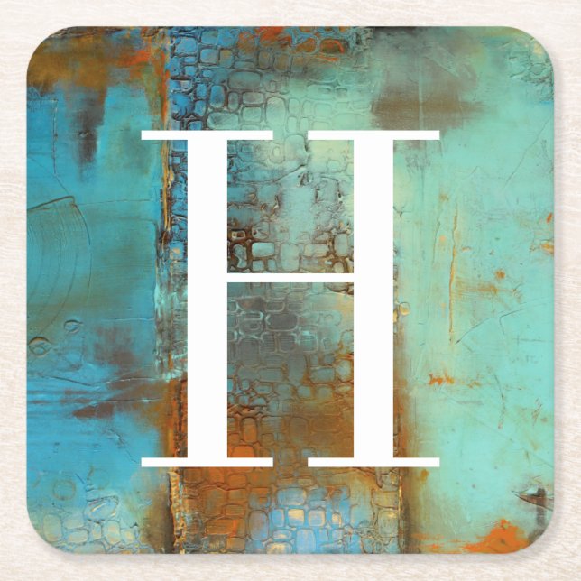 Dessous-de-verre Carré En Papier Bleu du monogramme | Deja (Devant)