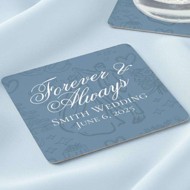 Dessous-de-verre Carré En Papier Bleu Dusty classique main dessinée Mariage croquis (Celebrate your special day with these classic dusty blue coaster favors!)
