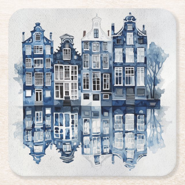 Dessous-de-verre Carré En Papier Bleu et blanc Delft maisons traditionnelles (Devant)