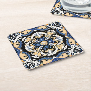 Dessous-de-verre Carré En Papier Bleu Jaune Blanc Noir Azuleju Espagnol Marocain