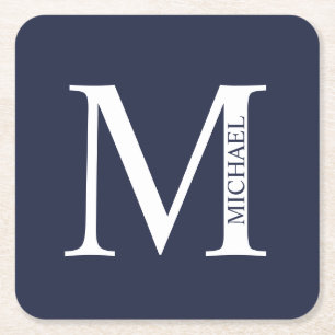 Dessous-de-verre Carré En Papier Bleu marine Monogramme personnalisé et nom