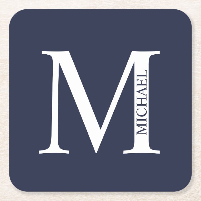 Dessous-de-verre Carré En Papier Bleu marine Monogramme personnalisé et nom (Devant)