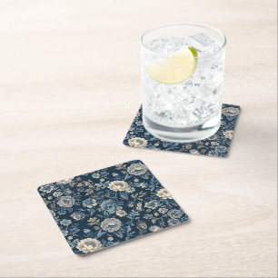 Dessous-de-verre Carré En Papier Bleu marine motif floral botanique vintage