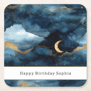 Dessous-de-verre Carré En Papier Bleu Or Étoiles Scintillantes Ciel Anniversaire