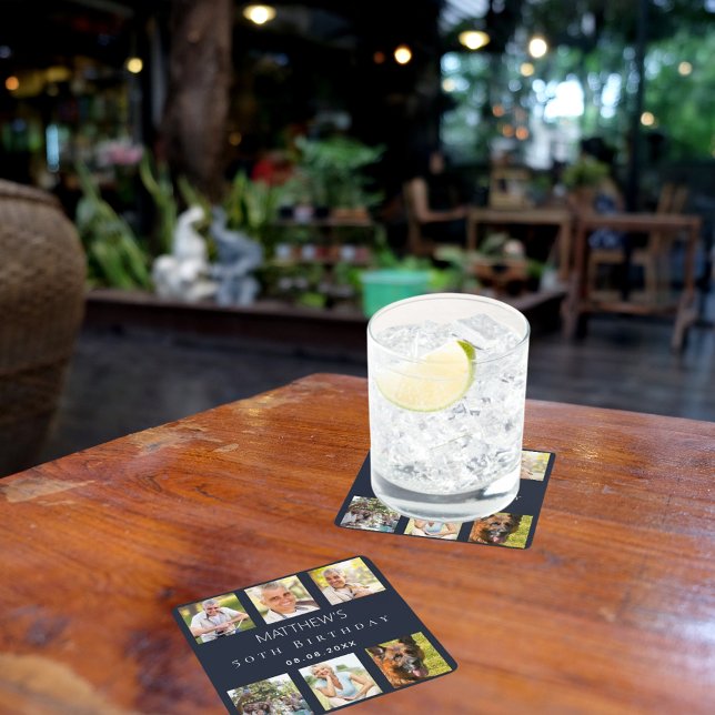 Dessous-de-verre Carré En Papier Bleu photo collage fête d'anniversaire (Créateur téléchargé)