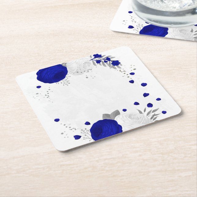Dessous-de-verre Carré En Papier bleu royal et fleurs blanches argent (Incliné)