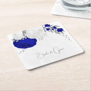 Dessous-de-verre Carré En Papier bleu royal & fleurs blanches argent