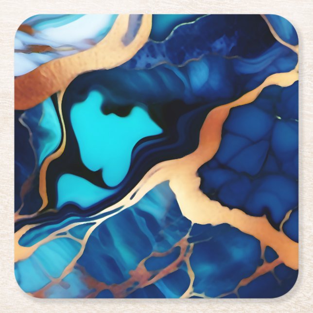 Dessous-de-verre Carré En Papier Bleu tendance en or faux marbre (Devant)