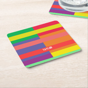 Dessous-de-verre Carré En Papier Bloc de couleur Bande Nom du monogramme Arc-en-cie