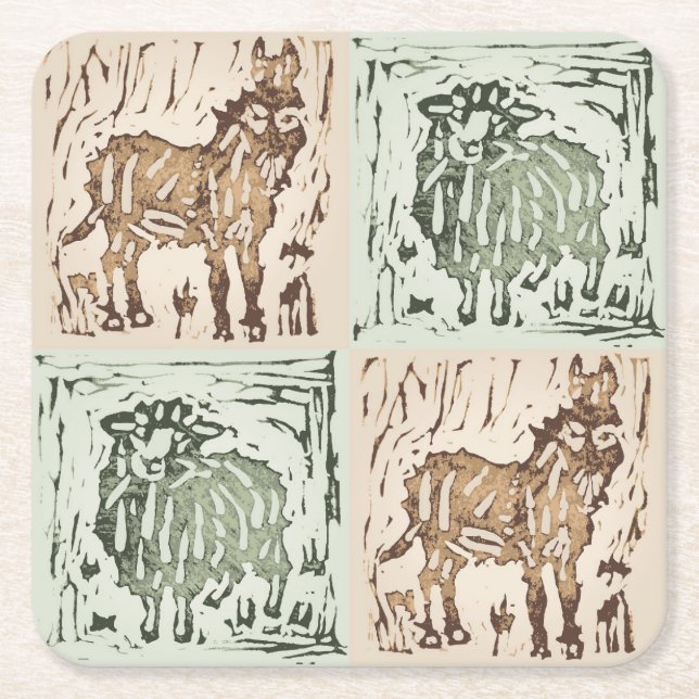 Dessous-de-verre Carré En Papier Block Print Sheep Donkey Quilt - farm animals. (Devant)