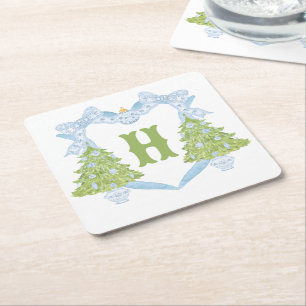 Dessous-de-verre Carré En Papier Blue Chinoiserie Arbre de Noël Monogram Crest