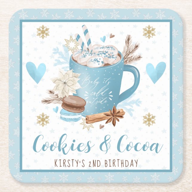 Dessous-de-verre Carré En Papier Blue Cookies and Cocoa 2nd Birthday (Devant)