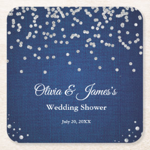 Dessous-de-verre Carré En Papier Blue Denim Diamonds Pearls Couple Wedding shower
