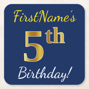 Dessous-de-verre Carré En Papier Blue, Faux Gold 5e anniversaire + Nom personnalisé