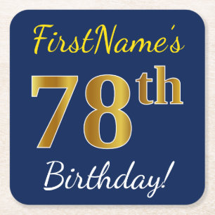 Dessous-de-verre Carré En Papier Blue, Faux Gold 78e anniversaire + Nom personnalis