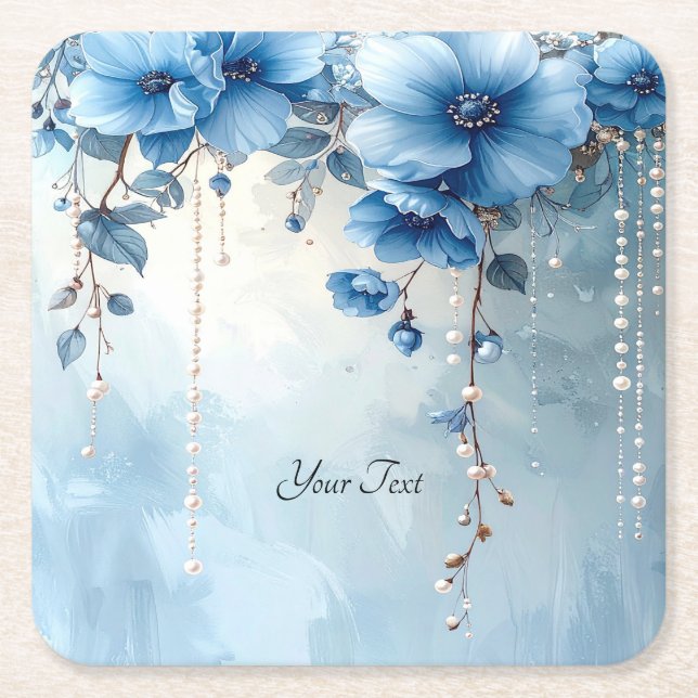 Dessous-de-verre Carré En Papier Blue Flowers and Pearls Paper Coaster (Devant)