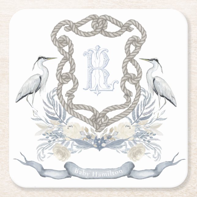 Dessous-de-verre Carré En Papier Blue Heron Rope Monogram Crest (Devant)