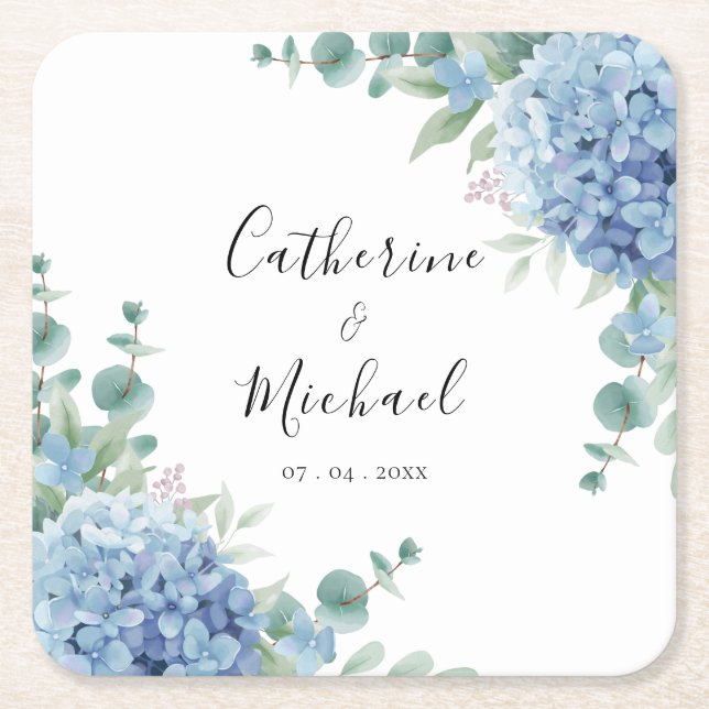 Dessous-de-verre Carré En Papier Blue Hydrangea Floral Wedding  (Devant)
