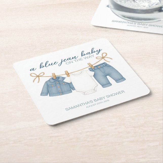 Dessous-de-verre Carré En Papier Blue Jean Baby sur le chemin Baby shower (Incliné)
