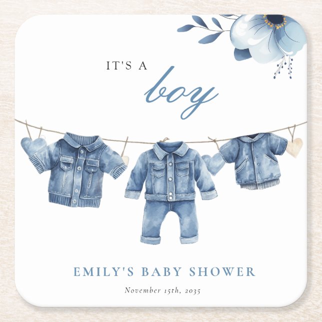 Dessous-de-verre Carré En Papier Blue Jean Denim Vêtements Baby shower garçon (Devant)
