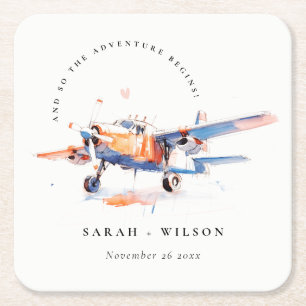Dessous-de-verre Carré En Papier Blue Orange Blush Aquarelle Air Plane Mariage