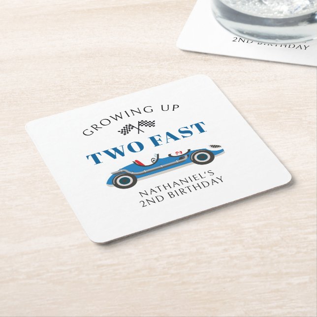 Dessous-de-verre Carré En Papier Blue Racing Car 2e fête d'anniversaire (Incliné)