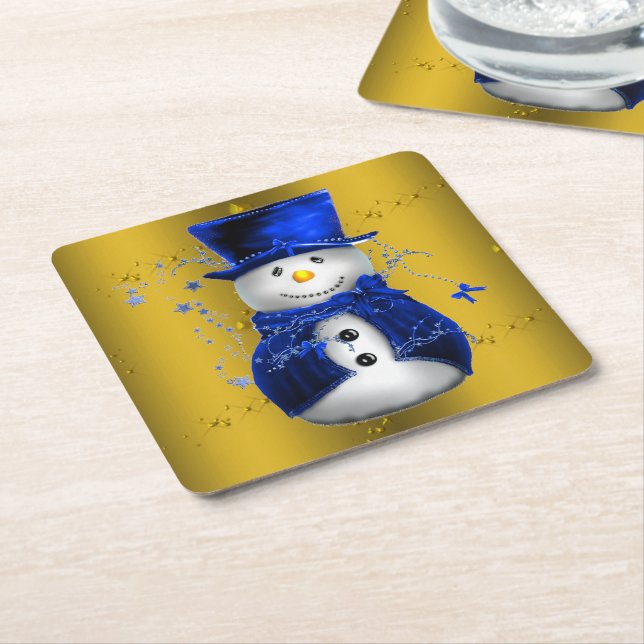 Dessous-de-verre Carré En Papier Blue Snowman sur Gold Christmas (Incliné)