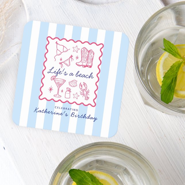 Dessous-de-verre Carré En Papier Blue Stripes Pink Summer Favorites Birthday  (Créateur téléchargé)