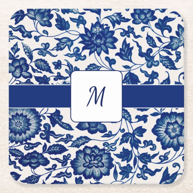 Dessous-de-verre Carré En Papier Blue White Wildflower French Country Custom Name (Devant)