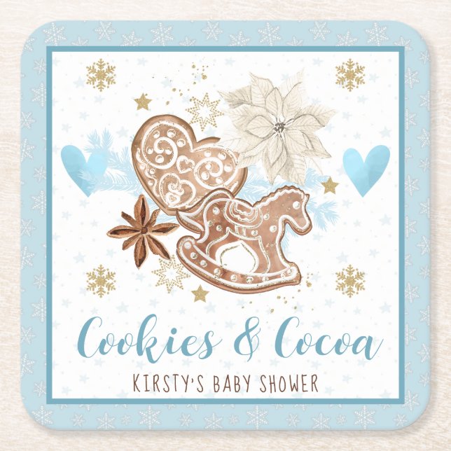 Dessous-de-verre Carré En Papier Blue Winter Cookies & Cocoa Baby Shower (Devant)