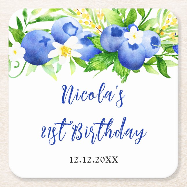 Dessous-de-verre Carré En Papier Blueberry Floral Birthday (Devant)