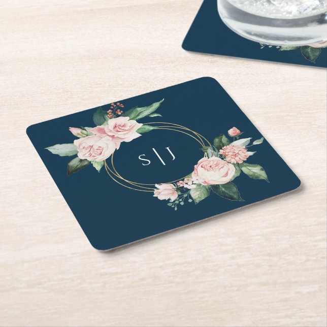 Dessous-de-verre Carré En Papier Blush Floral Navy Mariage Monogramme (Incliné)