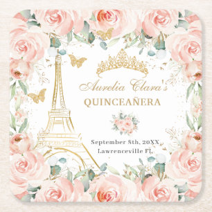 Dessous-de-verre Carré En Papier Blush Floral Paris Eiffel Champagne Quinceañera