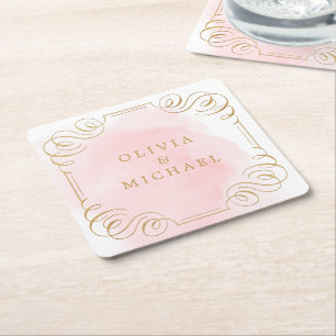 Dessous-de-verre Carré En Papier Blush or élégant vintage fleurir nom couples