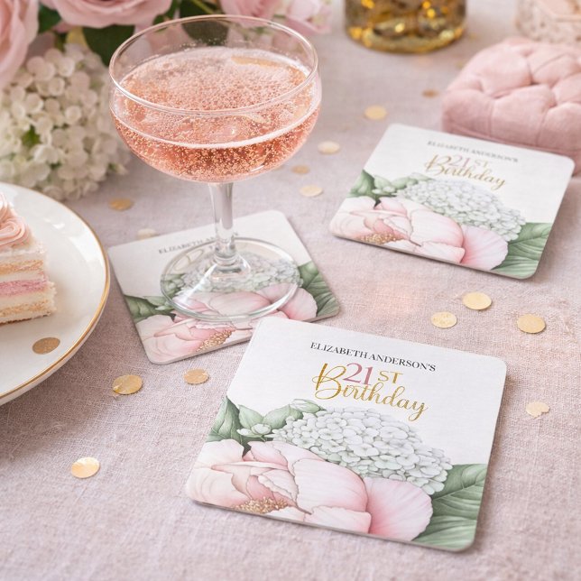 Dessous-de-verre Carré En Papier Blush Pink Peony Floral 21st Birthday  (Créateur téléchargé)