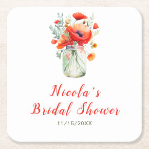 Dessous-de-verre Carré En Papier Bocal de pavots rouges pour la douche de la mariée