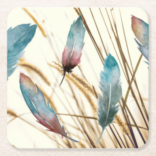 Dessous-de-verre Carré En Papier Boho Aquarelle sarcelle et rose Plumes et herbe