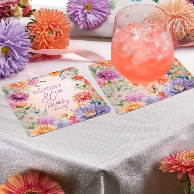 Dessous-de-verre Carré En Papier Boho Aster Flowers Floral 80th Birthday Party (Boho Aster Flowers Floral 80th Birthday Party Square Paper Coaster)
