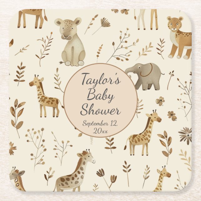 Dessous-de-verre Carré En Papier Boho Blanc Beige Jungle Baby shower Animaux (Devant)