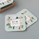 Dessous-de-verre Carré En Papier Boho Blooms Moderne Floral Mariage Monogramme<br><div class="desc">Les dessous de verre mariages chic Boho présentent une bordure carré d'aquarelle de feuillage botanique vert sauge et des fleurs de couleur terre pastel dans les tons pêche, ivoire et blanc, encadrant vos initiales ou monogramme et date de l'événement en lettres modernes. Conçu pour coordonner avec notre mariage Boho Blooms...</div>