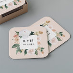 Dessous-de-verre Carré En Papier Boho Blooms Moderne Floral Mariage Monogramme<br><div class="desc">Les dessous de verre mariages chic Boho présentent une bordure carré d'aquarelle de feuillage botanique vert sauge et des fleurs de couleur terre pastel dans les tons pêche, ivoire et blanc, encadrant vos initiales ou monogramme et date de l'événement en lettres modernes. Conçu pour coordonner avec notre mariage Boho Blooms...</div>