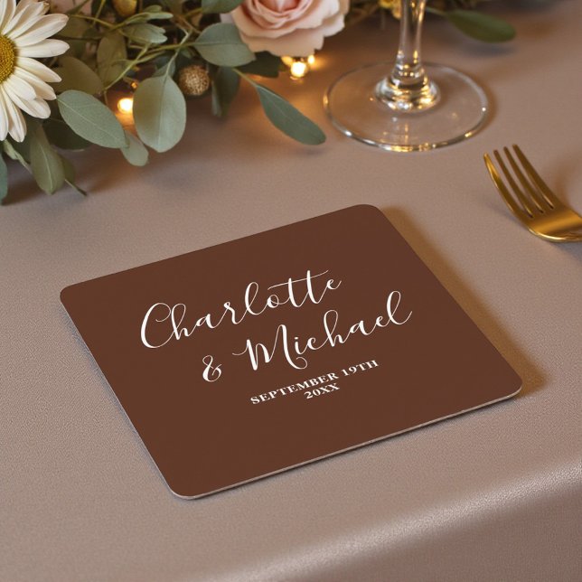 Dessous-de-verre Carré En Papier Boho Brown Script Minimalist Wedding (Créateur téléchargé)