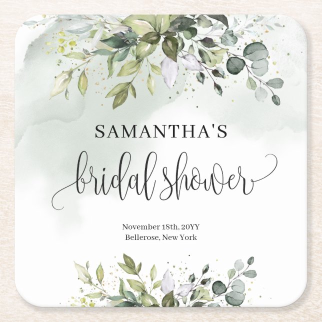 Dessous-de-verre Carré En Papier Boho Eucalyptus branches de verdure or Bridal (Devant)