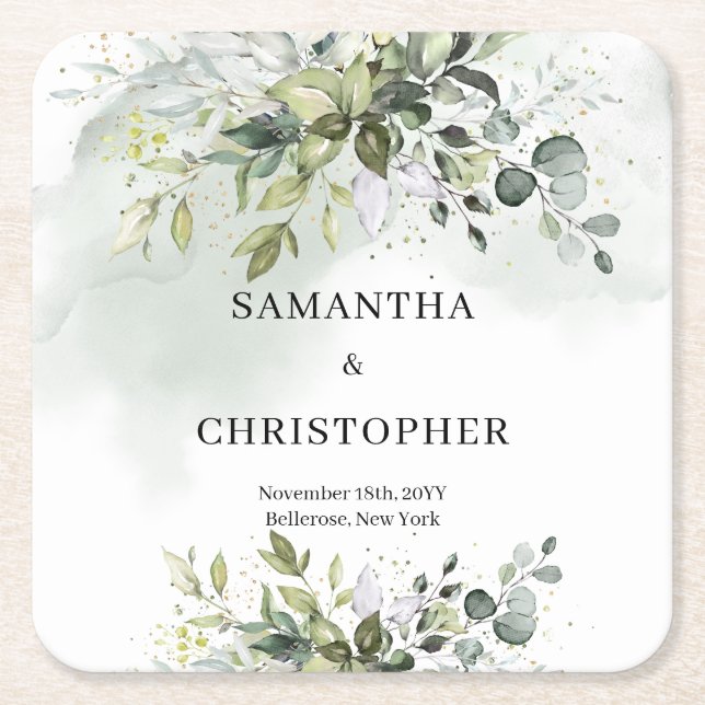 Dessous-de-verre Carré En Papier Boho eucalyptus verdure feuillage couronne or (Devant)