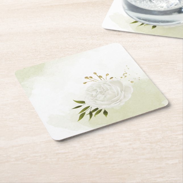Dessous-de-verre Carré En Papier Boho fleurs blanches vert feuille botanique (Incliné)
