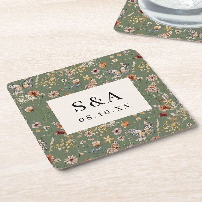 Dessous-de-verre Carré En Papier Boho Floral Mariage (Boho Sage Green Watercolor Floral Wedding Square Paper Coaster by Painted Paperie
)
